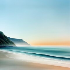 Serene beach view at sunset, calming waves and hills.