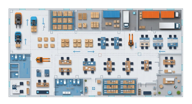 Warehouse layout with trucks, storage, and office spaces, top view.