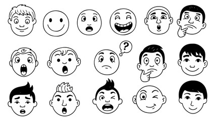 Facial Expression Vector Set &ndash; Hand Drawn Cartoon Faces with Happy, Sad, Angry, and Surprised Emotions