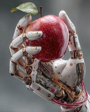 Robotic Hand Gently Holds a Fresh Red Apple generated by AI