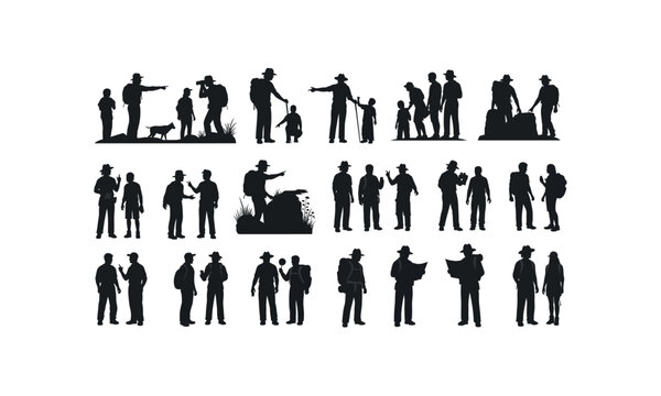 Park ranger guiding tourists various posses silhouette on white background