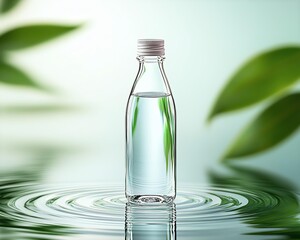 Refreshing water bottle with nature backdrop.