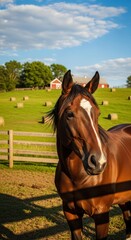 Fototapeta premium Majestic Horse Portrait on a Picturesque Farm Landscape.