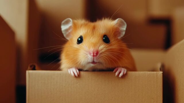 Adorable hamster in a cardboard box
