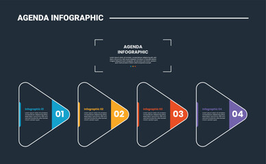 Agenda or schedule infographic process diagram with round triangle with edge badge on horizontal direction with dark background bright outline style 4 points
