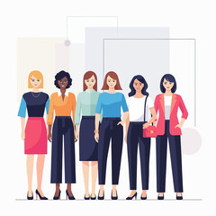 Fototapeta premium Cute flat vector illustration of a diverse group of women standing together, representing teamwork and unity