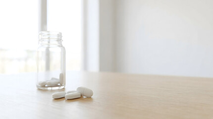 White pills spilled next to a small clear glass bottle on a wooden table, minimalist medical still life evoking health with place for text on right side