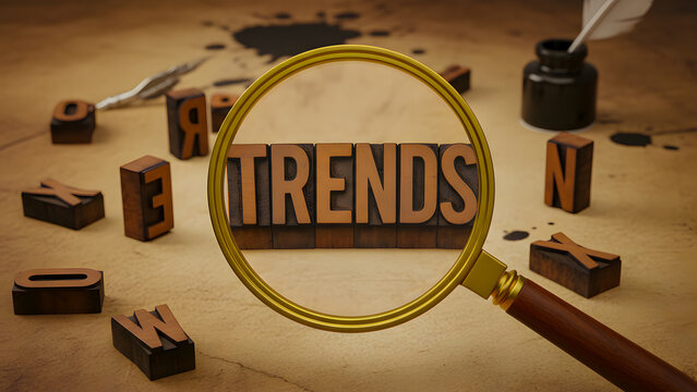 Magnifying glass focuses on the word 'TRENDS' formed with wooden letter blocks on a vintage paper background with inkpot and quill