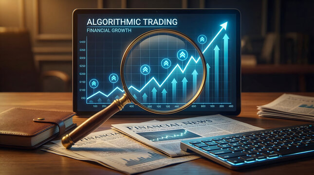 Desktop workspace displaying algorithmic trading analytics on a tablet with a magnifying glass highlighting an upward financial growth chart