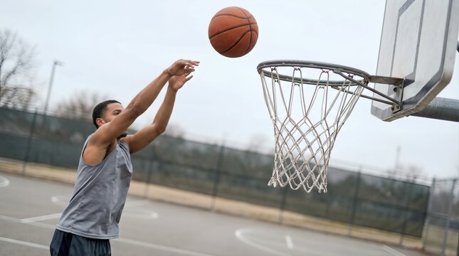 Male basketball player in gray sleeveless shirt is shooting a basketball towards the hoop on an outdoor court with a blurred background of trees and fencing