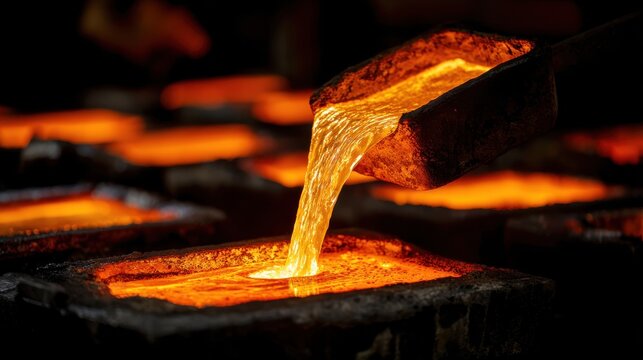 Molten metal pouring into a mold, highlighting the intense heat and craftsmanship of metalworking processes in an industrial foundry setting.