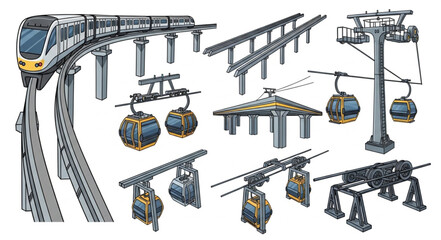 Various transportation systems including monorail and cable car infrastructure. © Cihu