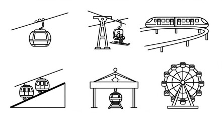 Various transportation and amusement park rides depicted in simple line art. © Cihu