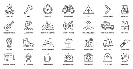 Camping equipment collection icon set for outdoor adventure and travel activities in line style © FreemiumStock
