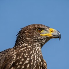 Obraz premium Majestic juvenile bald eagle portrait against a clear blue sky.