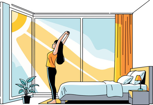 Woman Doing Morning Stretch Near Window Isolated Transparent Background Flat 2D Vector