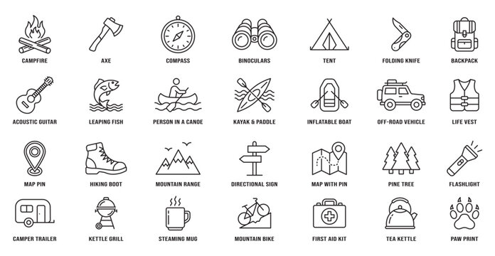Camping equipment collection icon set for outdoor adventure and travel activities in line style