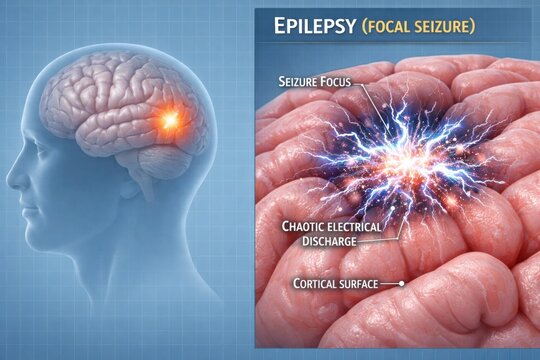 Epilepsy focal seizure brain activity illustration, neurological disorder concept.