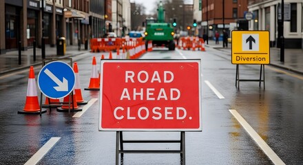 Wet Urban Street with Construction Road Closure Signs and Traffic Diversion Markers
