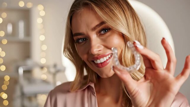 Smiling adult woman holding a nearly transparent dental aligner for orthodontic treatment and tooth alignment.