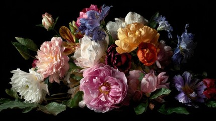 Obraz premium Elegant floral still life with colorful peonies and spring flowers on black background