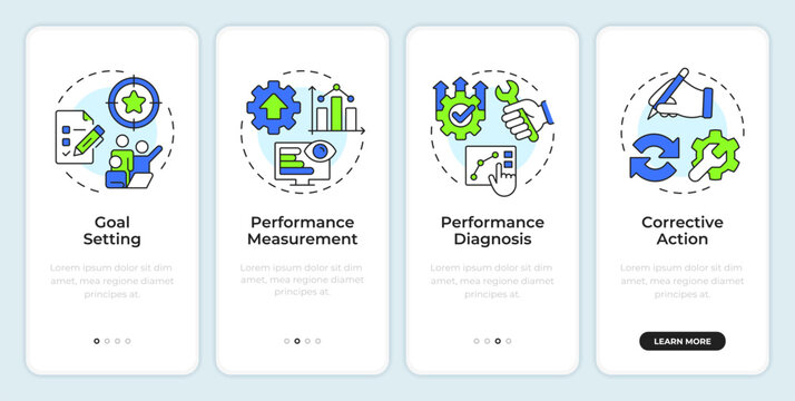 Marketing control loop onboarding mobile app screen. Performance tracking. Walkthrough 4 steps editable graphic instructions with linear concepts. UI, UX, GUI. Montserrat SemiBold, Regular fonts used