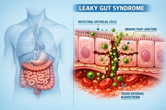 Leaky Gut Syndrome illustration, human digestive system, intestinal cells.