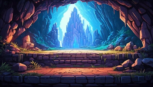  pixel art retro game level, Crystal Cavern, 8 bit 2d video game background, undergrou