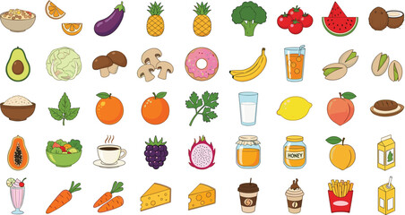 Healthy Food and Fruit Collection with Fresh Vegetables, Drinks, Honey, Cheese, and Snacks for Nutrition and Organic Lifestyle