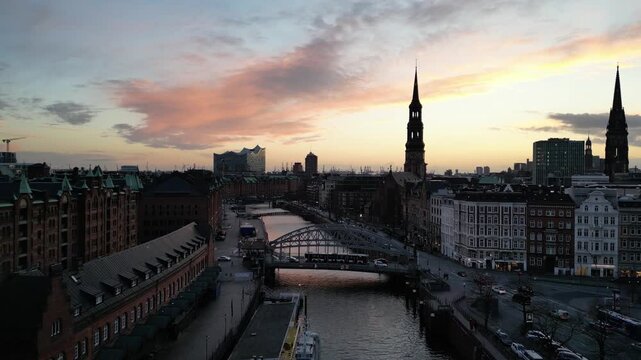 Drone Flyover of Hamburg Waterfront and Elbphilharmonie During Golden Hour 