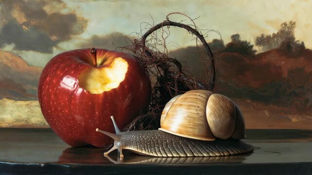 Snail moving away from a bitten red apple with roots on a dark table, still life concept