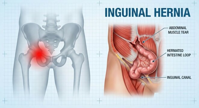 Detailed Inguinal Hernia Illustration - Human Anatomy, Medical Condition.