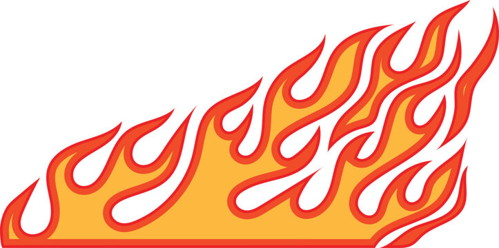 Fire flame vector illustration. Racing car fire stickers, hot speed symbols. Abstract flame shapes, orange and yellow fire elements set for design. Tattoo and logo fire style graphics.