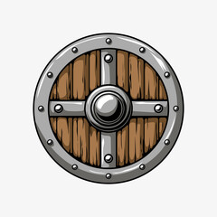 Obraz premium Vector Illustration of a Wooden Shield with Metal Frame
