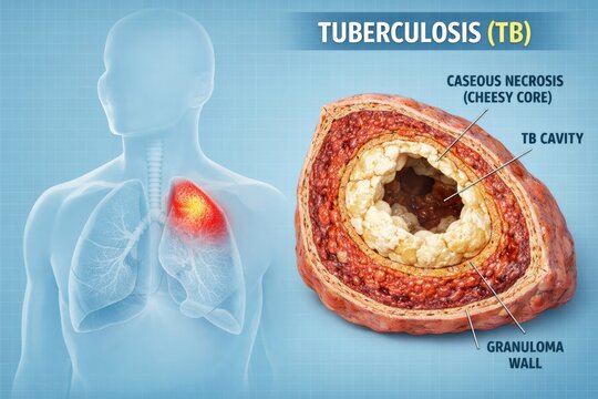Tuberculosis lung infection, granuloma formation, medical illustration.