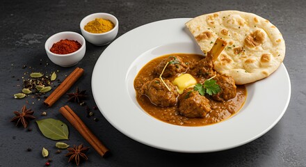 Indian lamb curry with naan bread and spices on a white plate