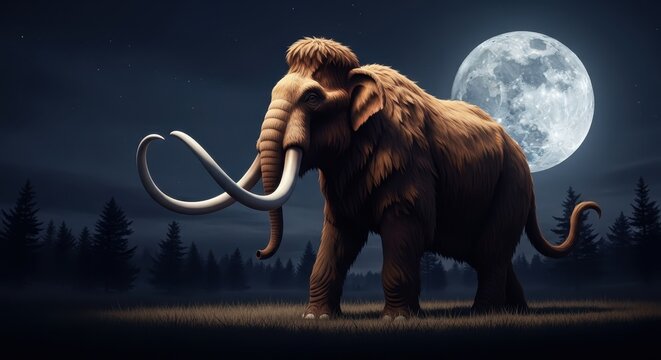 Majestic Mammoth Under the Moonlight - A Prehistoric Encounter.