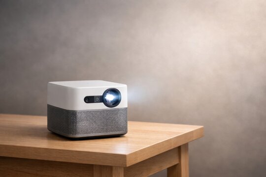Compact white projector with a bright lens emitting light onto a wooden table