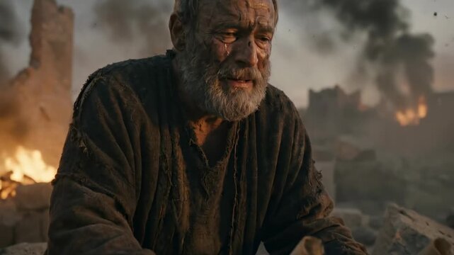 Biblical Prophet Jeremiah Weeping Over the Burning Ruins of Jerusalem Holding a Scroll