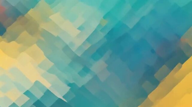 A modern abstract painting featuring diagonal, blocky brushstrokes in a vibrant palette of teal, cyan, and mustard yellow. The overlapping geometric shapes create a sense of texture and dynamic moveme