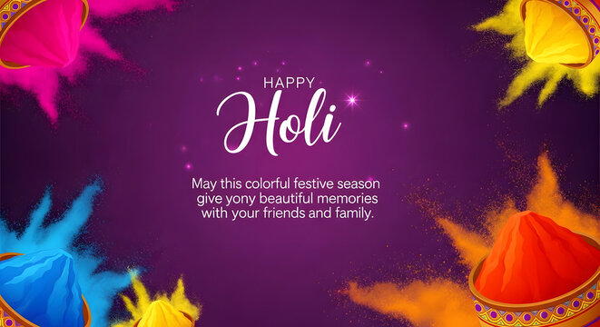 Happy Holi celebration with vibrant exploding powder colors and text on purple background