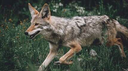 Obraz premium Alert coyote with sharp features moving through lush green wilderness on a mission