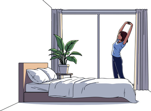 Woman Stretching In Bedroom Morning Isolated Transparent Background Flat 2D Vector