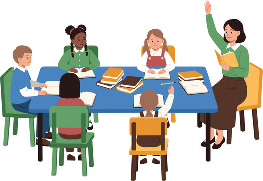 Teacher and diverse group of elementary students studying together at a big table in classroom flat vector illustration isolated