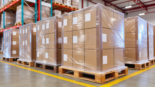 Warehouse with wooden pallets stacked with stretch wrapped cardboard boxes and labeled for inventory control, illustrating logistics and supply chain storage