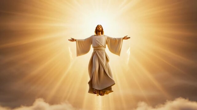 Jesus Christ Ascending to Heaven with Radiant Light and Cloud Surroundings, Symbolizing Second Coming and Divine Majesty in a Spiritual Scene