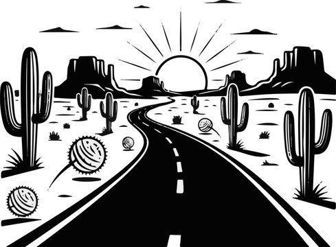 Desert highway road leading to a bright sun with cacti and tumbleweeds