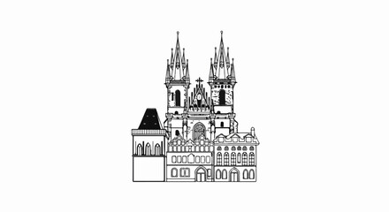 Fototapeta premium Detailed black and white illustration of a gothic church facade with adjacent buildings