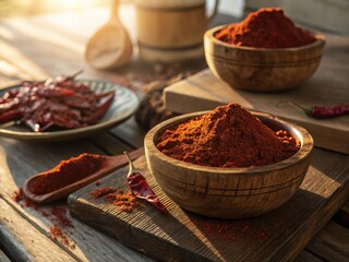 Fototapeta premium Rich Red Chili Powder Piled in Rustic Wooden Bowls on a Textured Surface