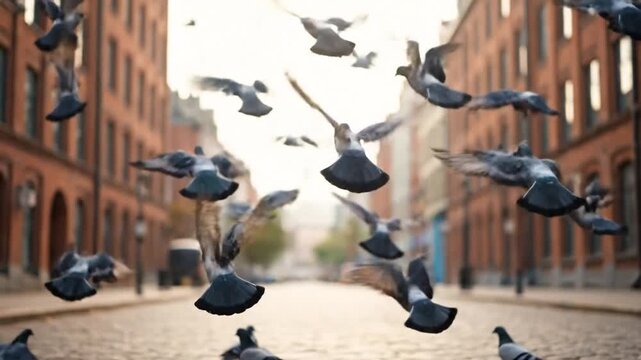 A flock of pigeons takes flight in a city setting, with blurred buildings creating depth